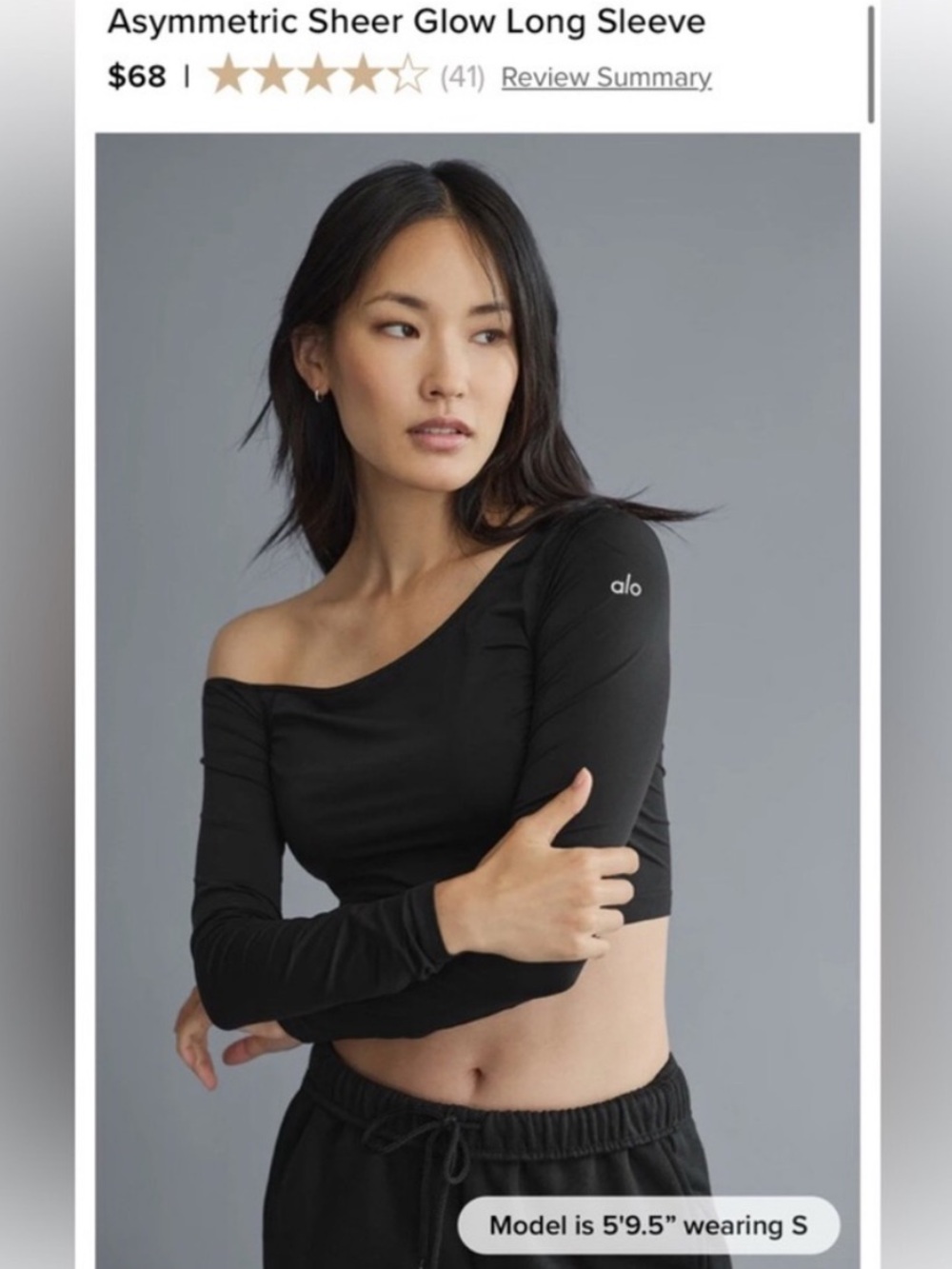 ALO Yoga Asymmetrical Sheer Glow Black Long Sleeve Off The Shoulder Cropped Top